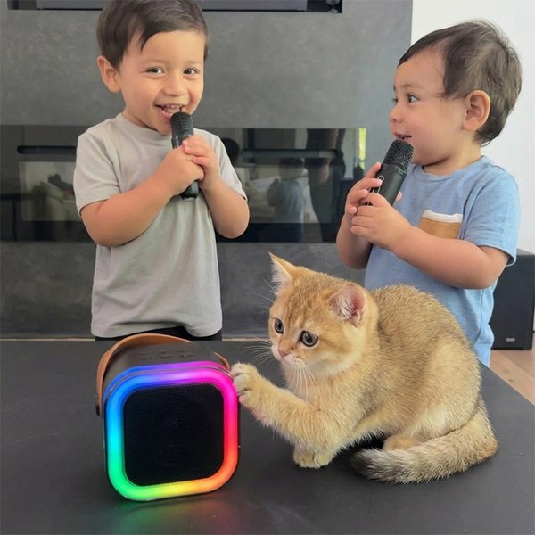 Two kids singing next to an IROO karaoke cube